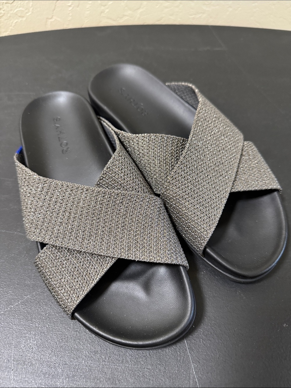 Rothy's Metallic Charcoal Crisscross Slide Sandals